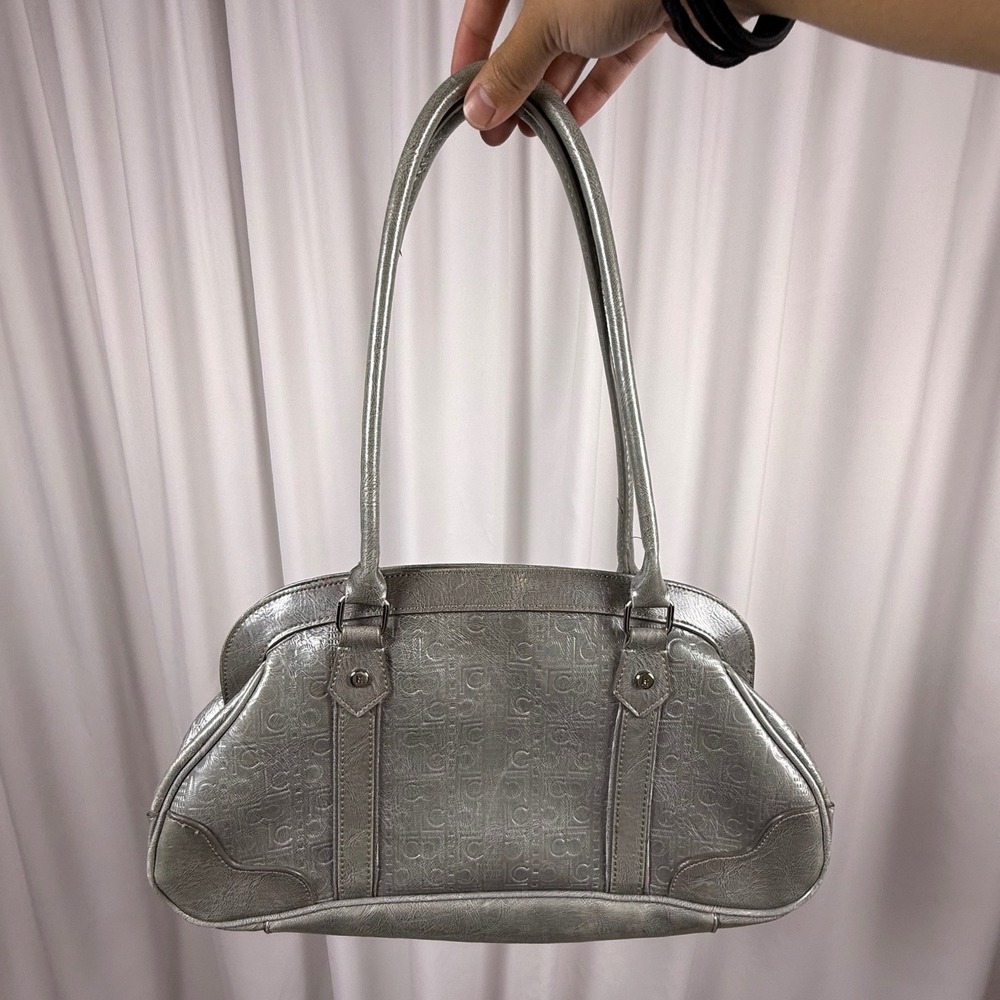 Liz Claiborne Metallic Silver Logo Embossed Shoulder Bag Satchel Y2K Style